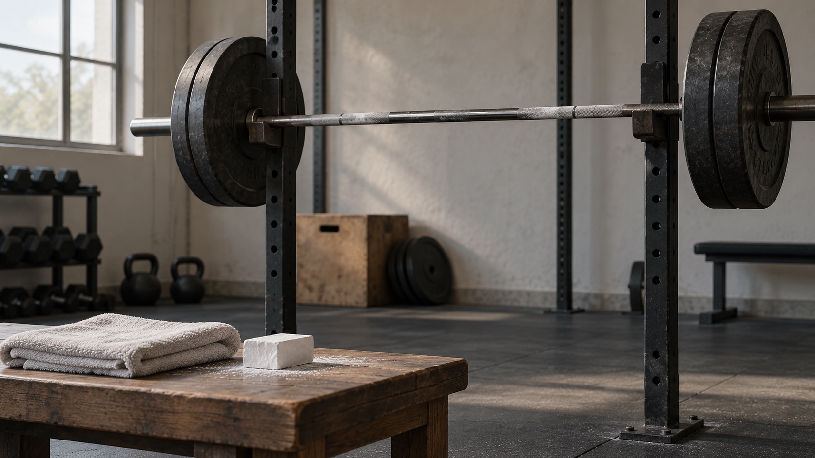 A barbell rests on a plain rack in a spare training room.