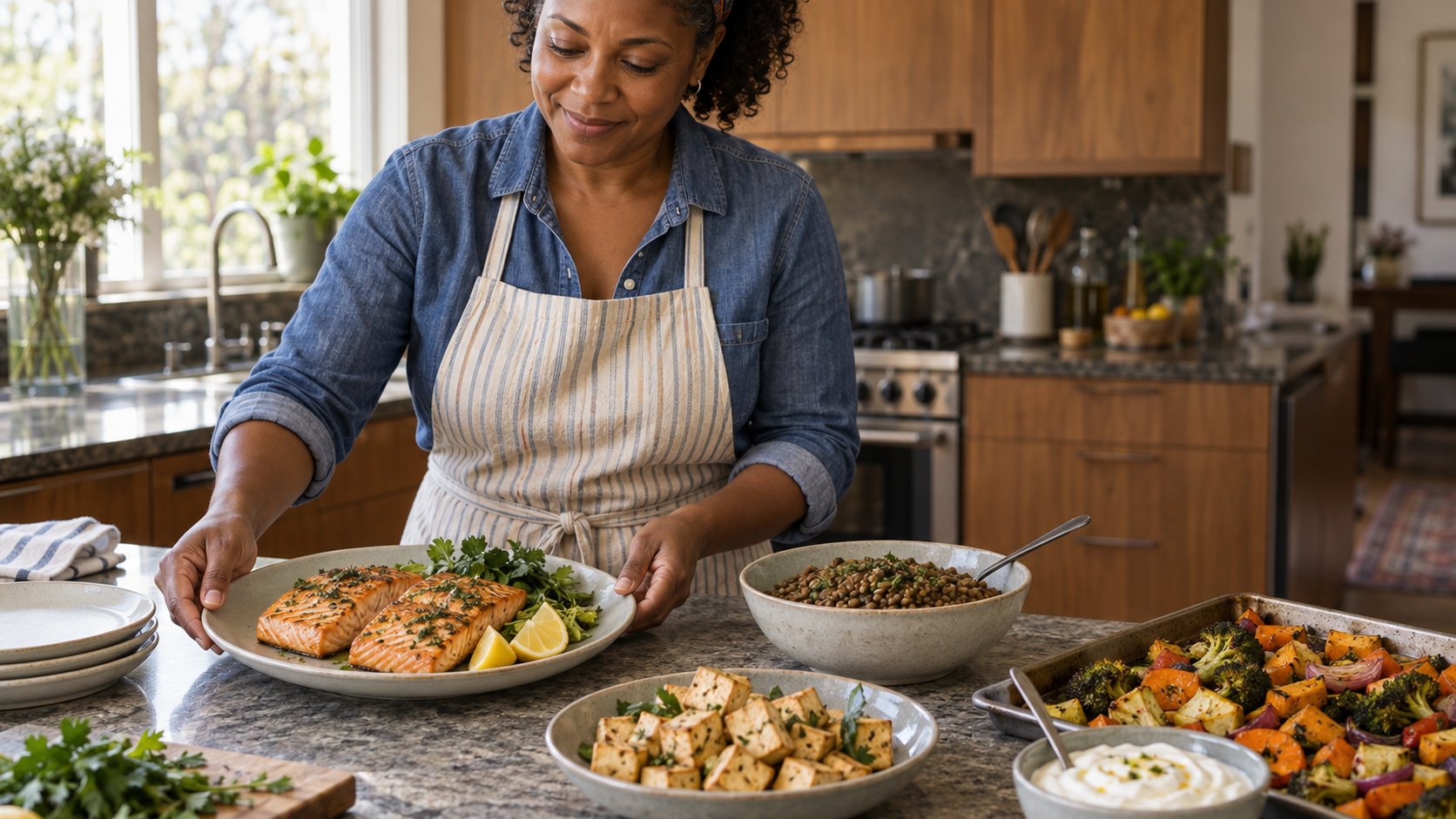 A woman prepares salmon, lentils, tofu, vegetables, and yogurt in a home kitchen.