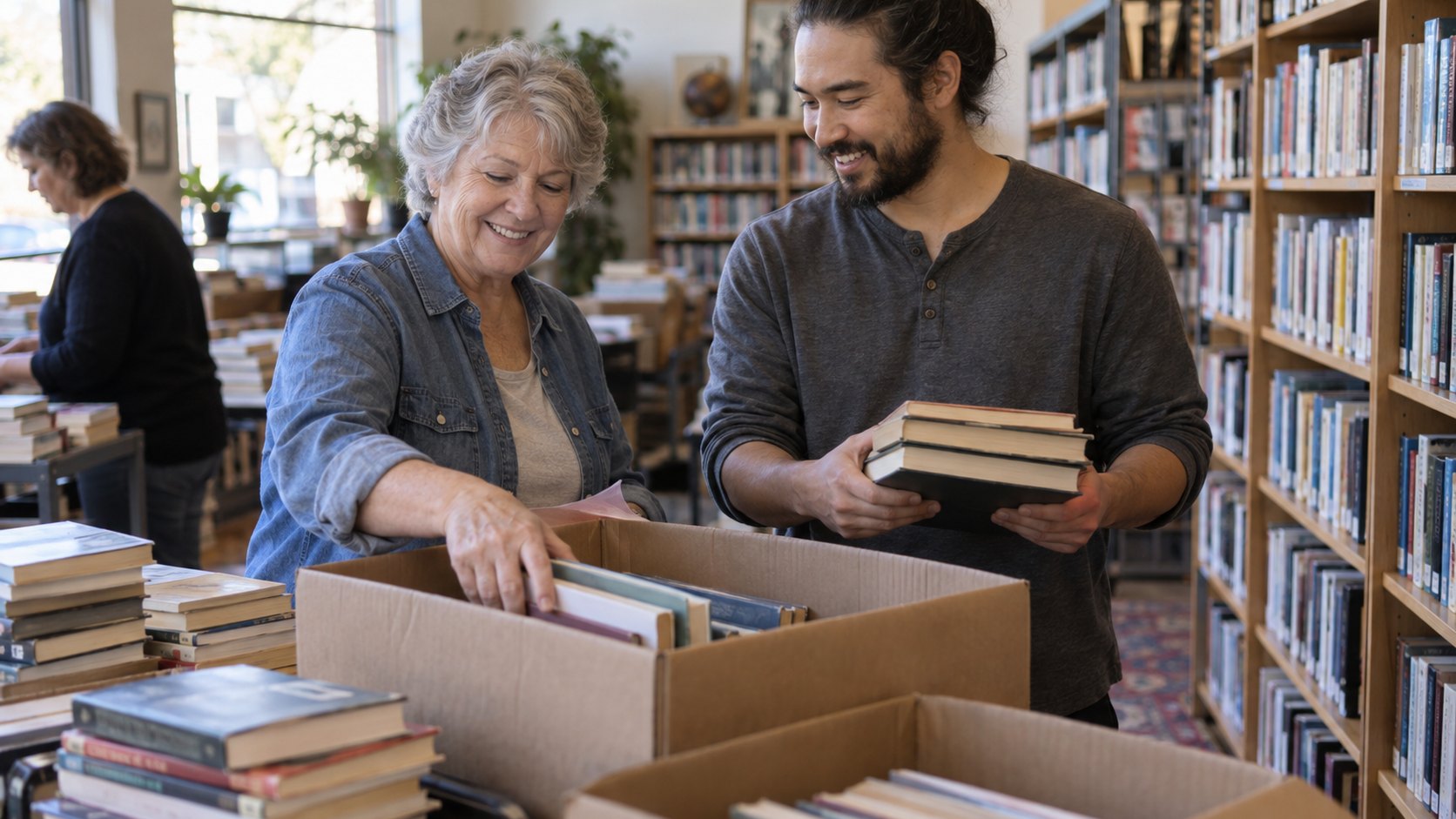 Two volunteers sort donated books together at a local library.