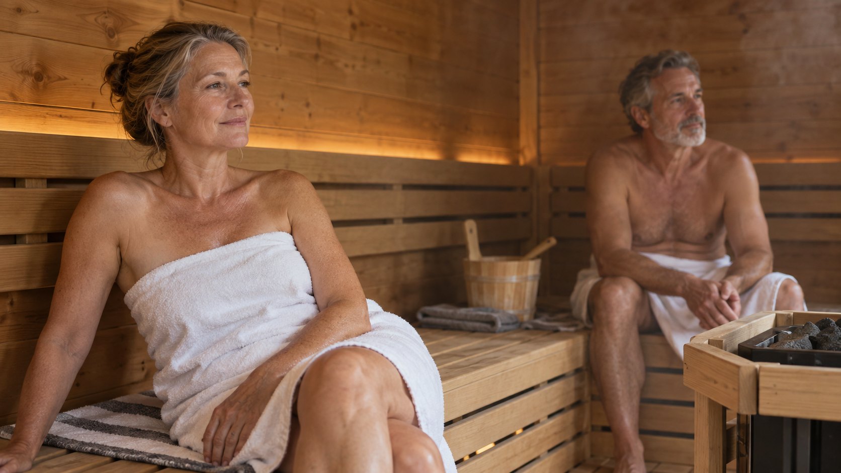 Two adults sit quietly in a simple wooden sauna.