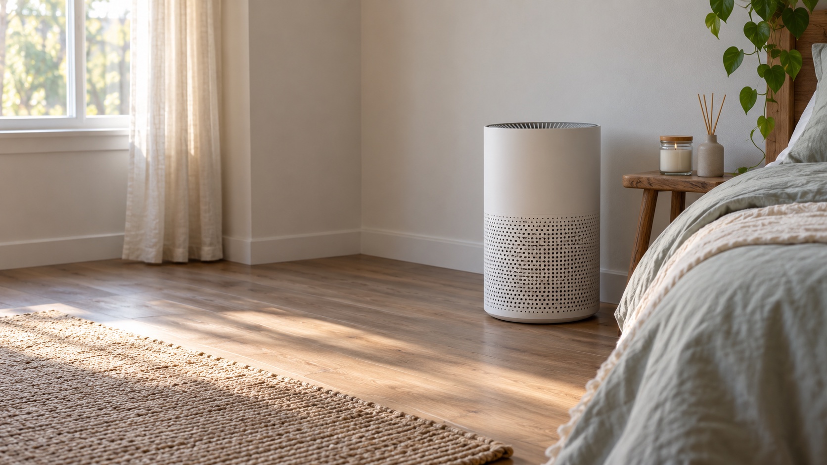An unbranded air purifier stands beside a bed near an unlit candle and diffuser.