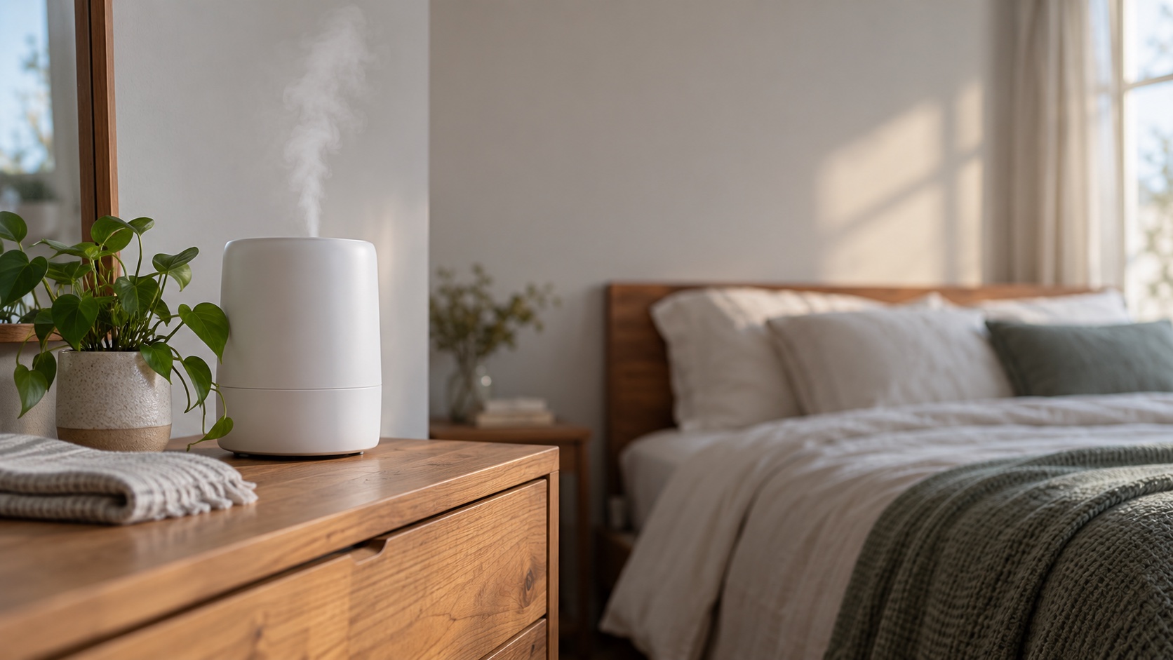An unbranded humidifier releases a wisp of mist on a wooden dresser in a bedroom.