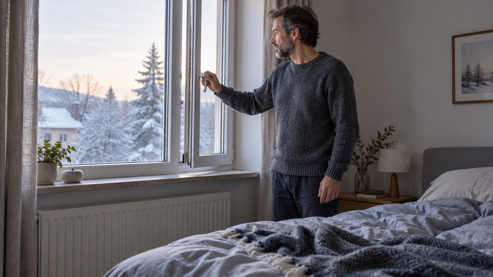 A man in a sweater opens a bedroom window a few centimeters on a winter morning.
