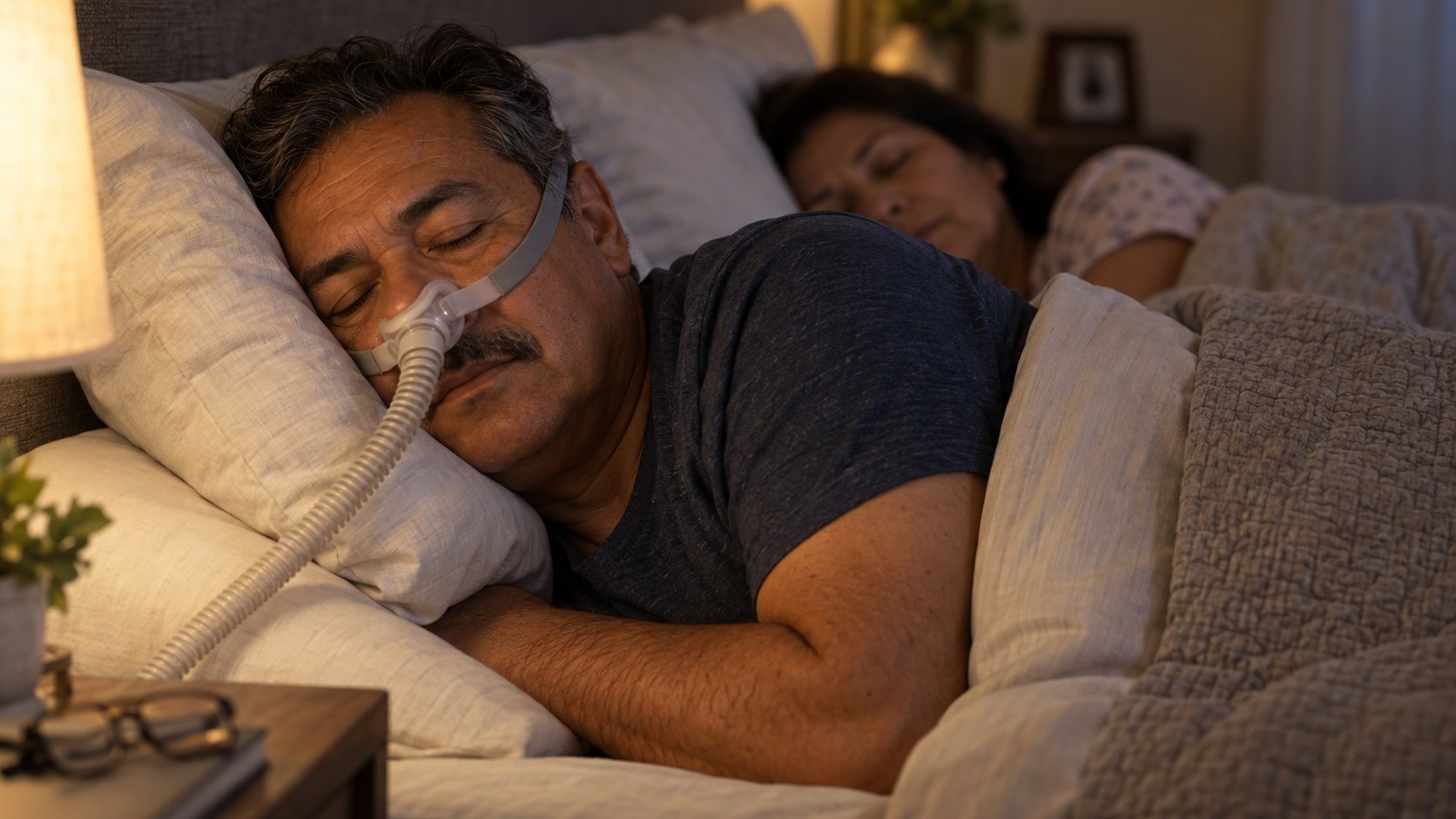 A man rests on his side while using a CPAP mask in a home bedroom.