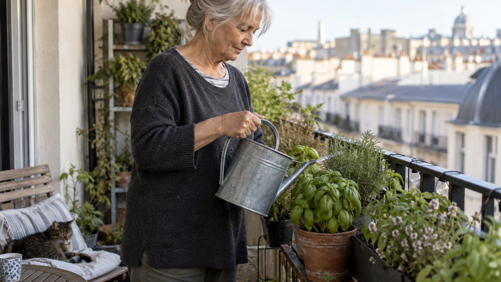 An older adult tends herbs on a small apartment balcony in the morning.