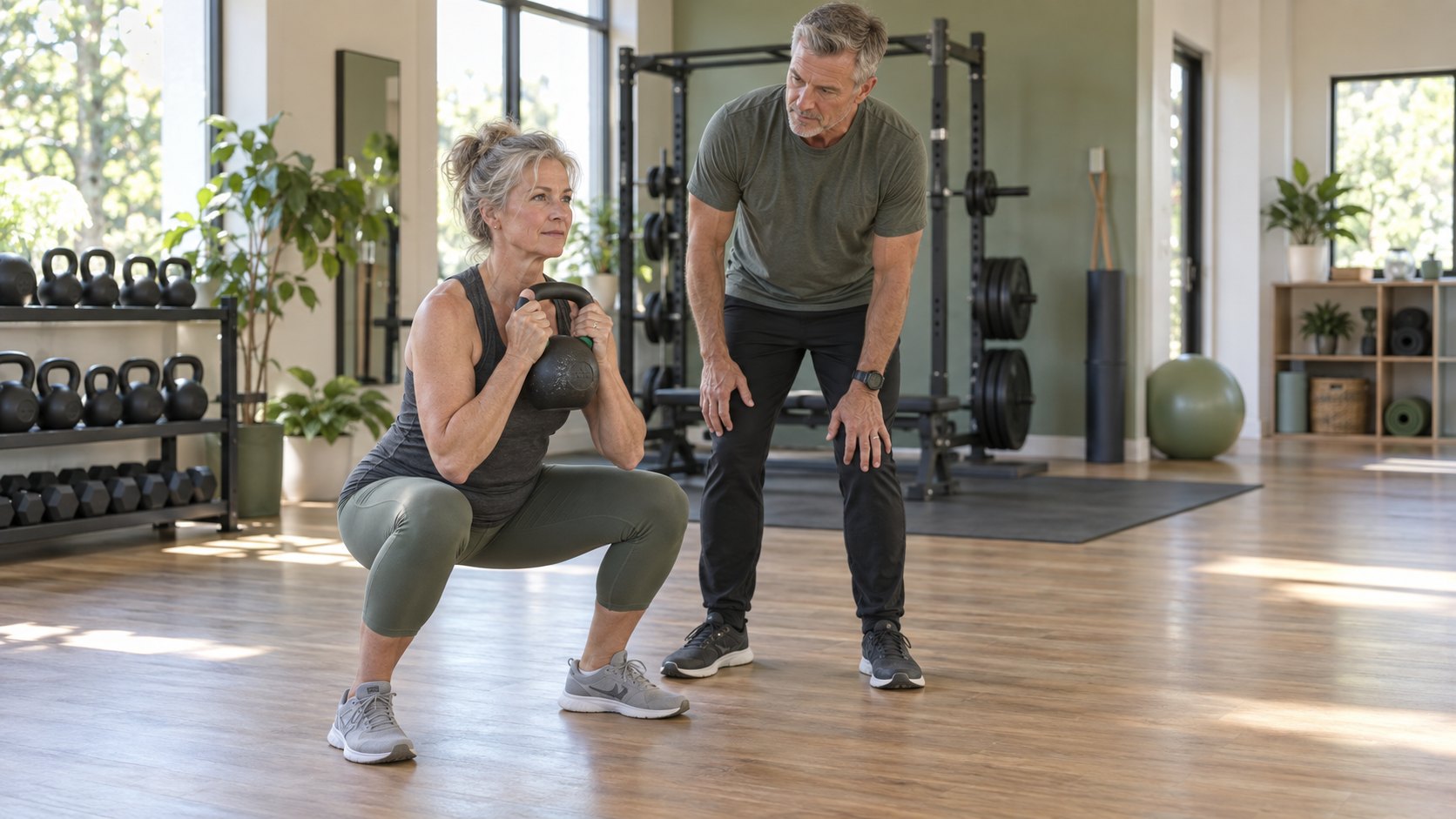 A woman in midlife performs a controlled kettlebell squat while a trainer observes.