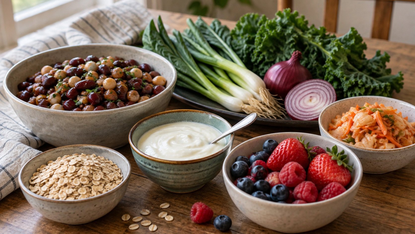 Beans, leafy greens, onions, oats, yogurt, berries, and fermented vegetables on a home table.