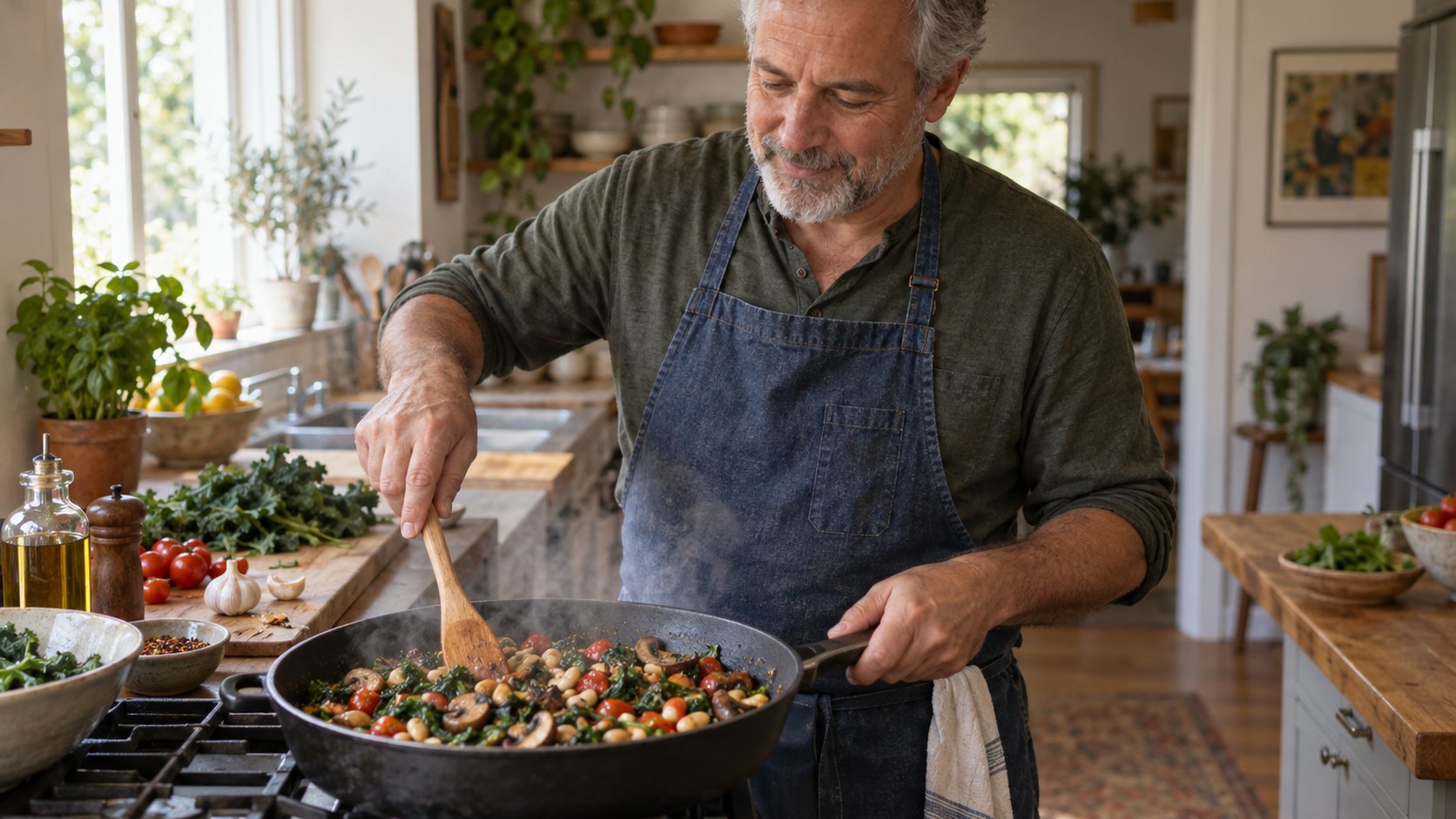 A man cooks beans, leafy greens, mushrooms, and tomatoes in a home kitchen.