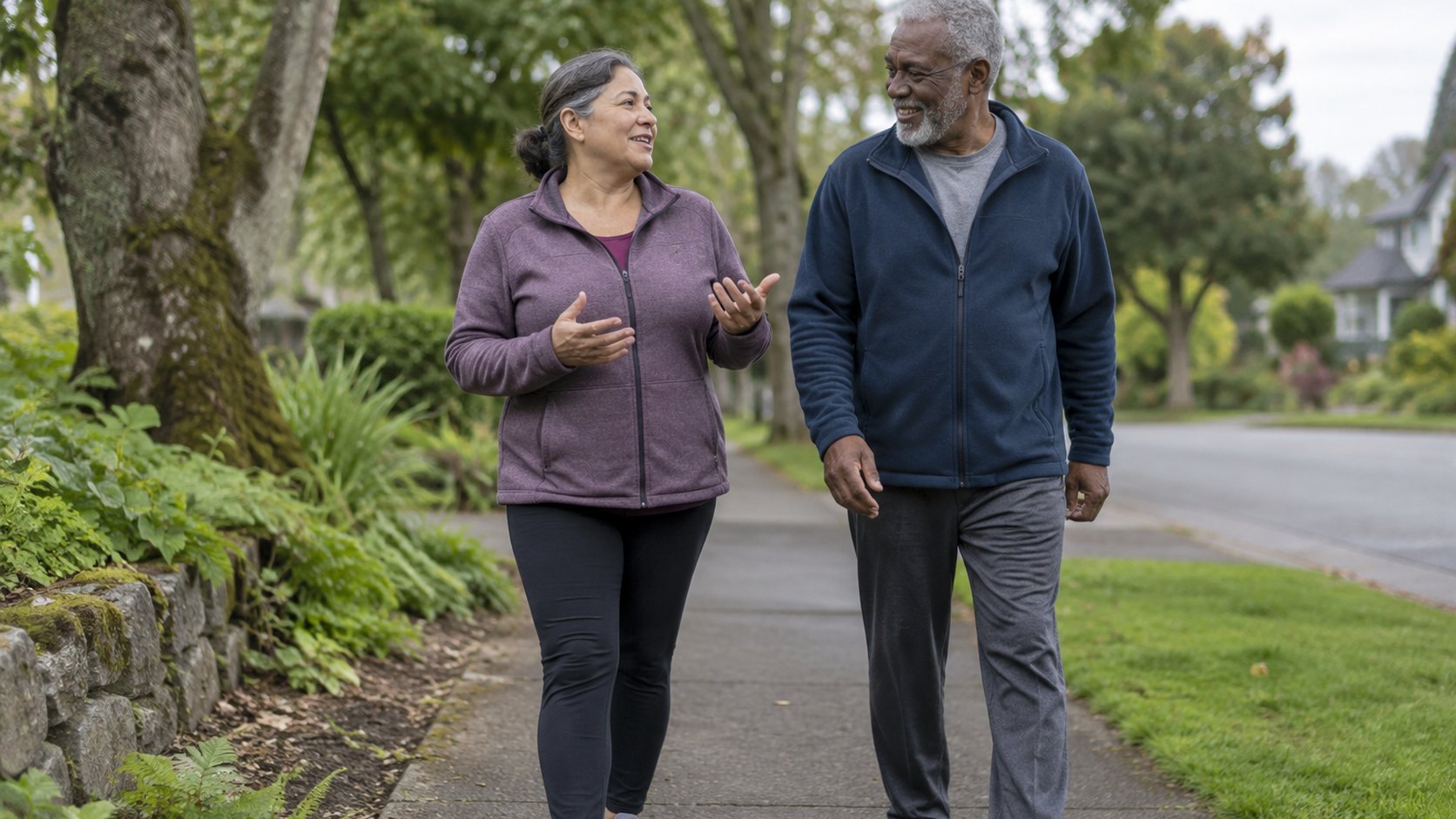 Two adults walk together at a comfortable pace on a leafy neighborhood path.