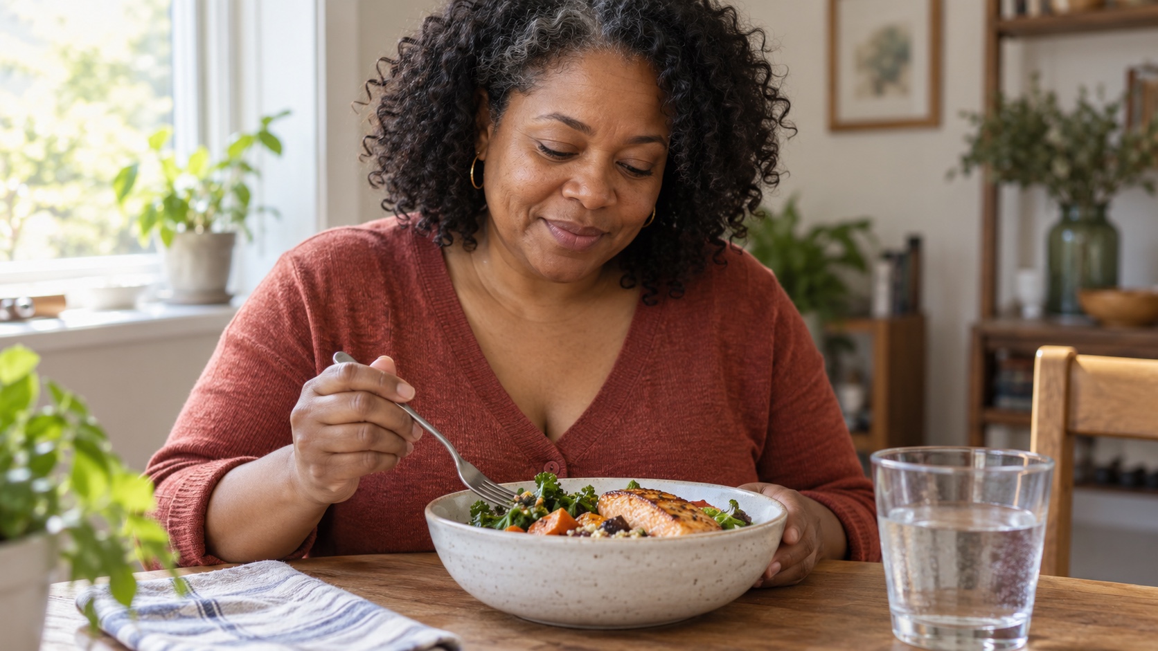 A woman has an ordinary meal at home in a quiet dining room.
