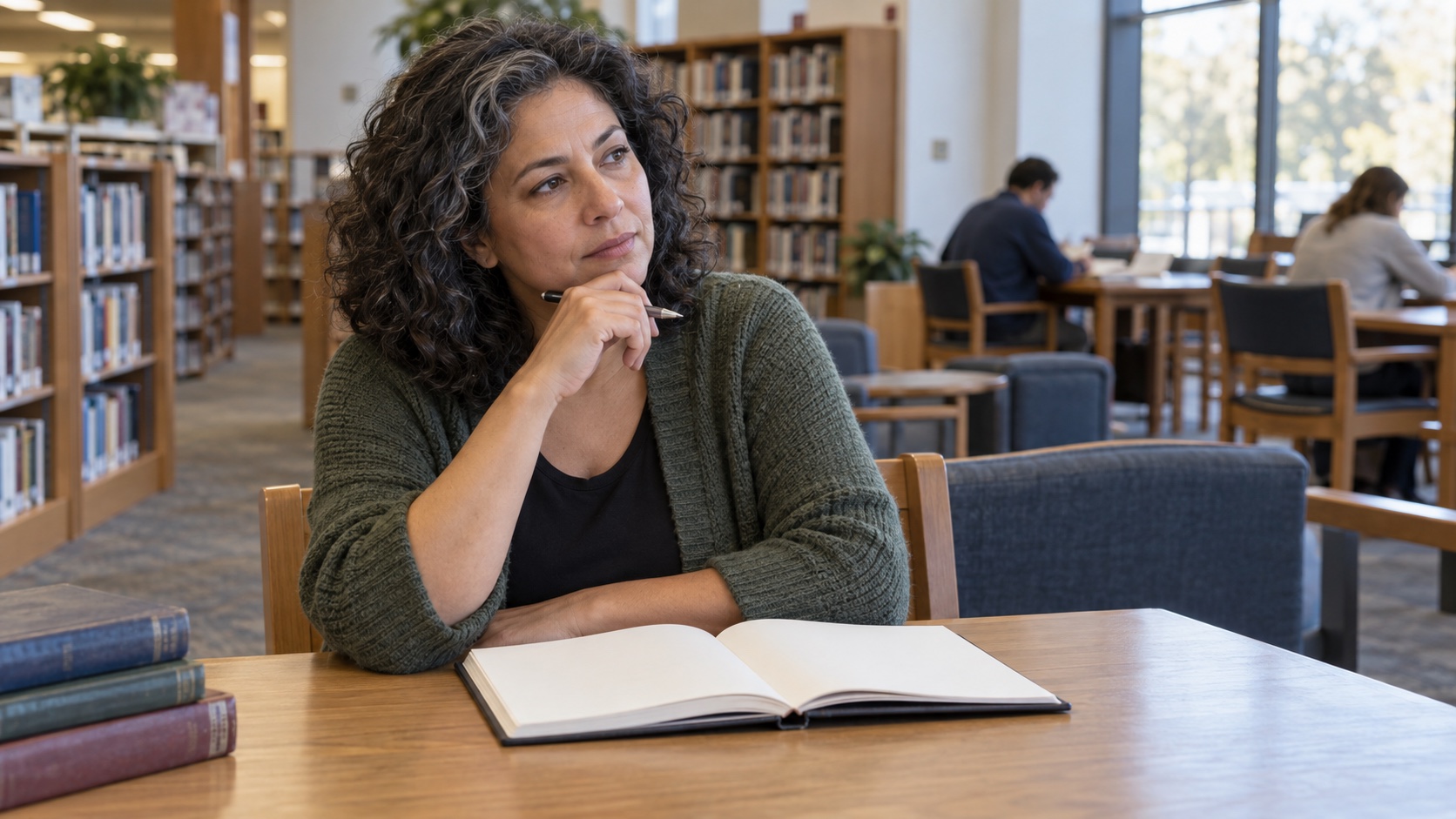 A woman considers a notebook in a quiet library reading area.