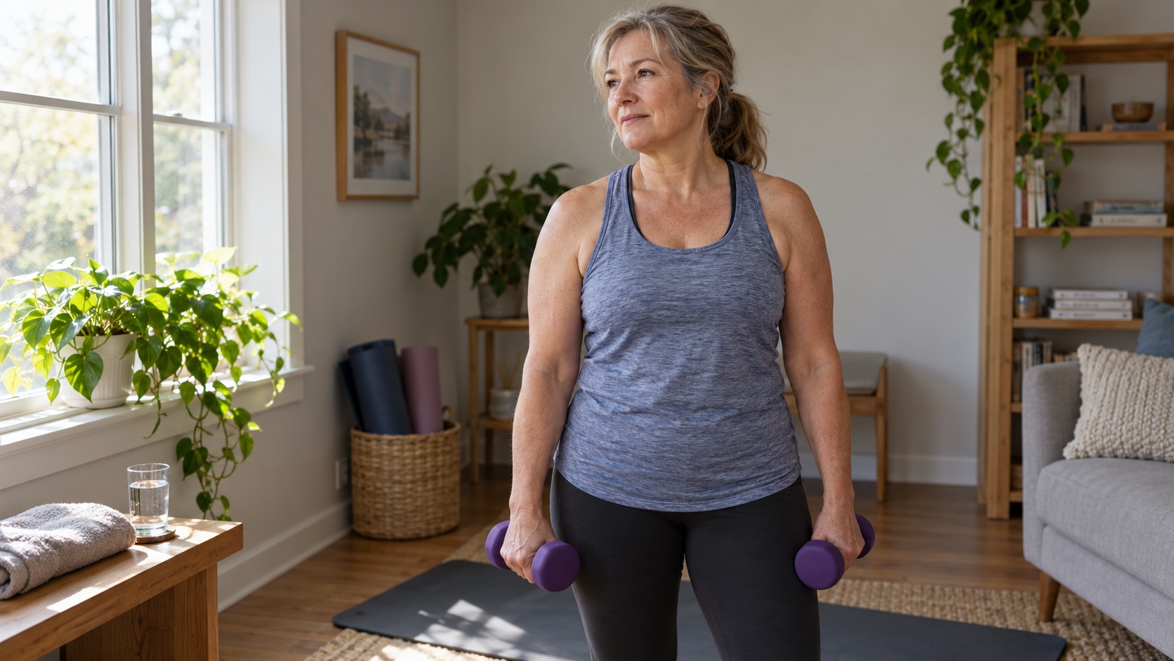 A woman in her mid-50s pauses between sets holding small hand weights at home.