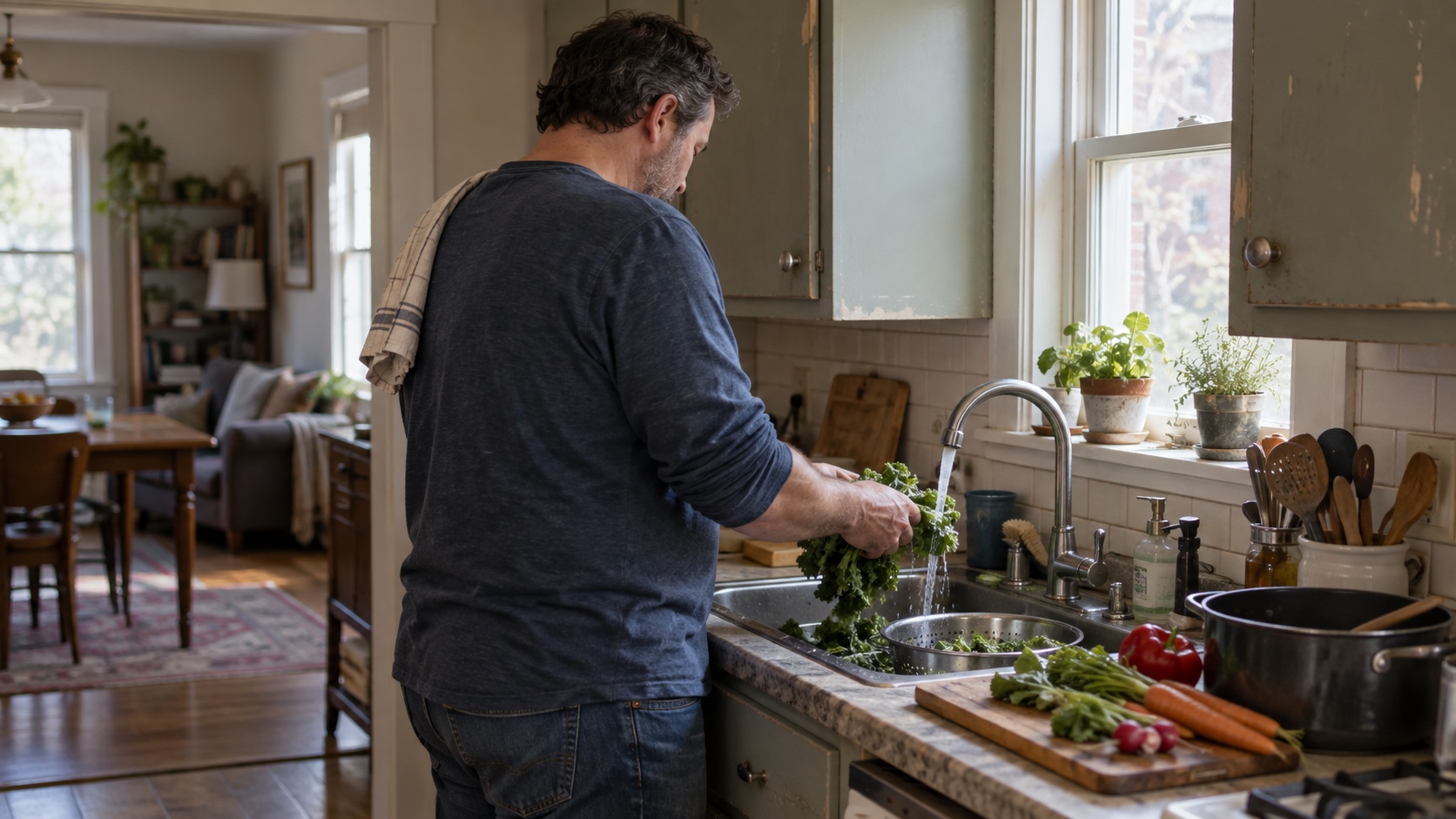 An adult man rinses leafy vegetables at the kitchen sink in a modest home.