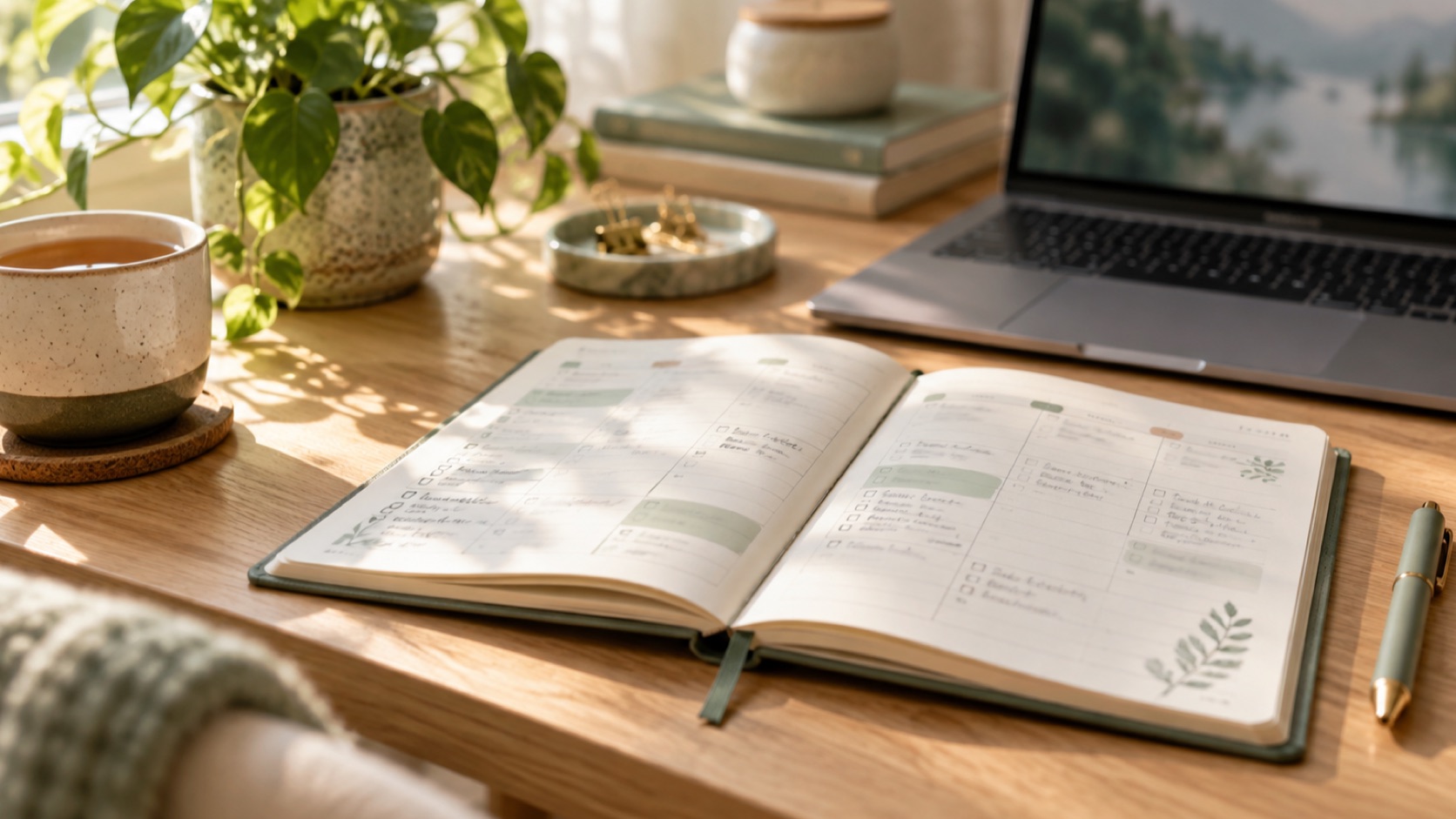 An open planner with dated sections on a sunlit wooden desk, beside a laptop, a plant and a cup of tea.